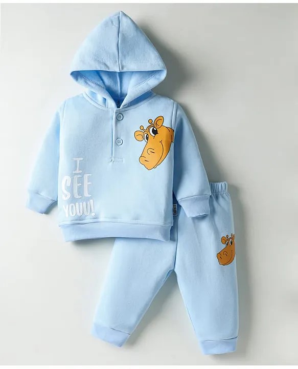 Child World Fleece Knit Full Sleeves Hooded T-Shirt & Lounge Pant Set With Animal Print - Light Blue